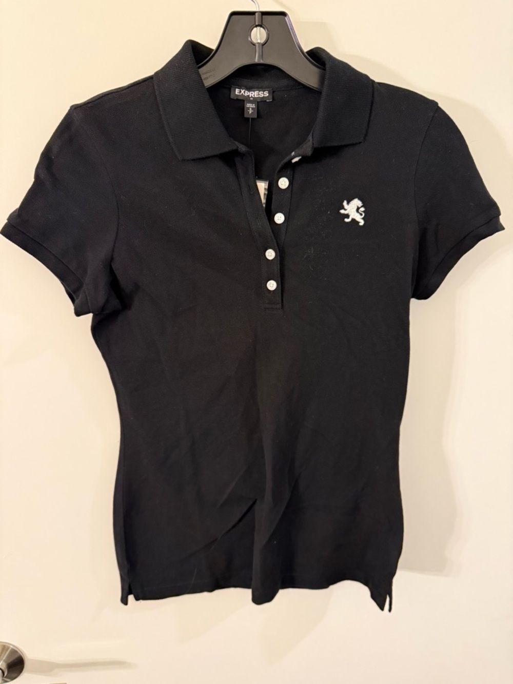 NWT Express Black Button-Front Women’s Polo with White Embroidered Crest